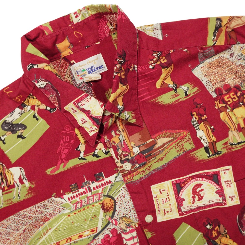 VINTAGE REYN SPOONER Men's L USC Trojans Football Print Button Up Hawaiian Shirt